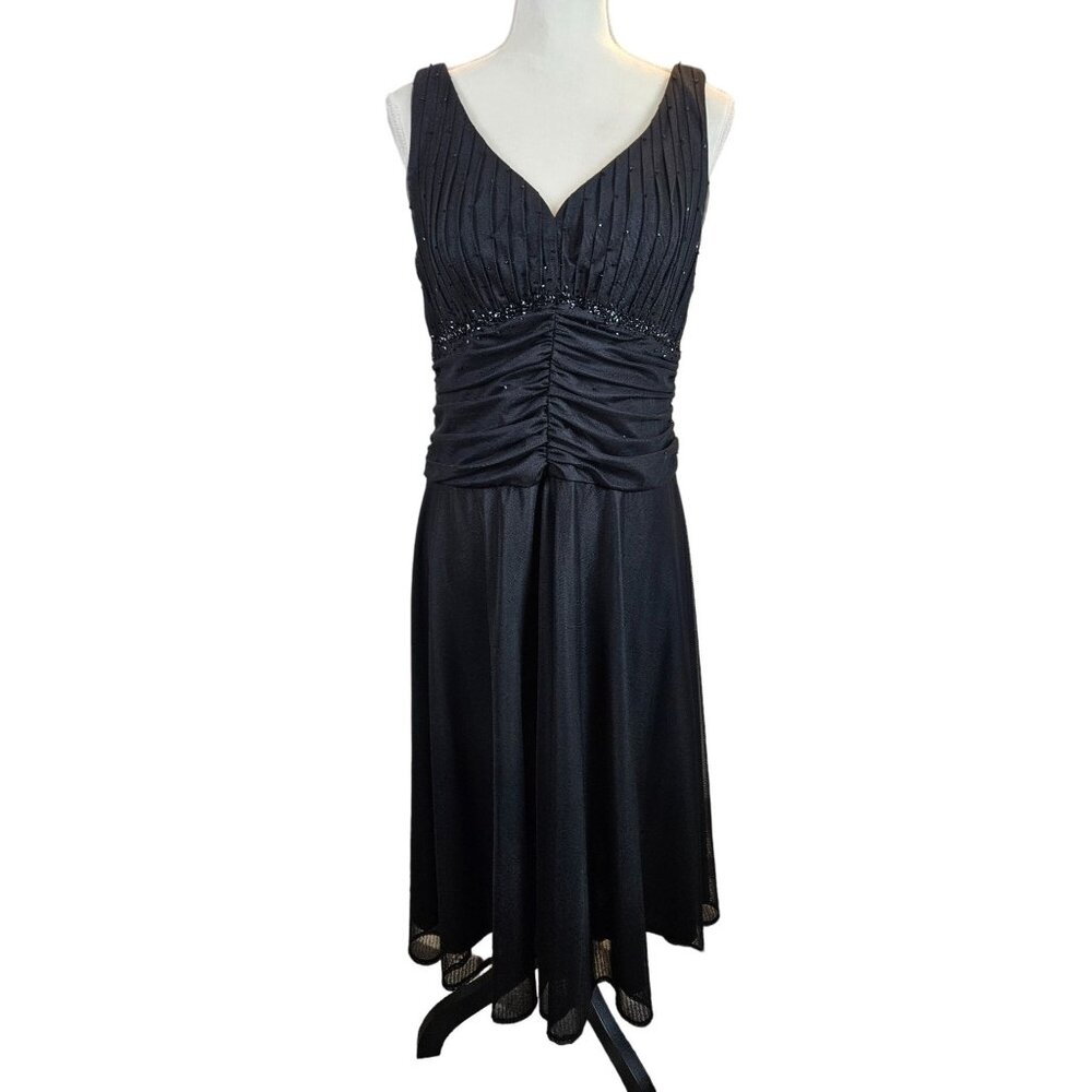 Chadwicks Black Sleeveless Midi Dress Beaded Bodice & Sheer Overlay Size 14
